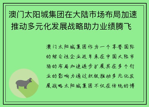 澳门太阳城集团在大陆市场布局加速 推动多元化发展战略助力业绩腾飞