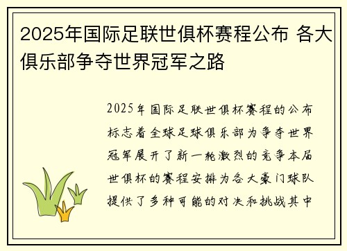 2025年国际足联世俱杯赛程公布 各大俱乐部争夺世界冠军之路