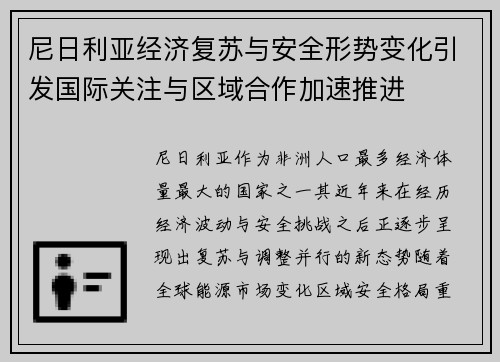尼日利亚经济复苏与安全形势变化引发国际关注与区域合作加速推进
