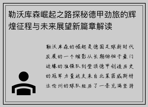 勒沃库森崛起之路探秘德甲劲旅的辉煌征程与未来展望新篇章解读